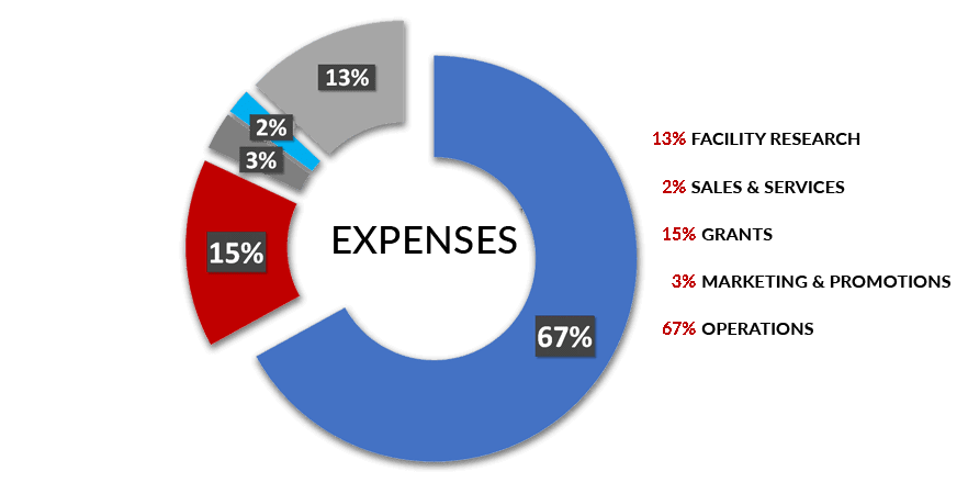 This Expense chart shows that 13% on facility research, 2% on sales and services, 15% on grants, 3% on Marketing and promotions and 67% on operations.